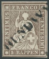 SCHWEIZ BUNDESPOST 13IIBym O, 1858, 5 Rp. Graubraun, Berner Druck III, (Zst. 22G), Diagonaler L1, Allseits Voll-breitran - Other & Unclassified