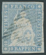 SCHWEIZ BUNDESPOST 14IIBzo O, 1856, 10 Rp. Grünlichblau, Seidenpapier, Berner Druck II, (Zst. 23E), Links Berührt, Eckbu - Altri & Non Classificati