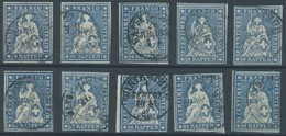 SCHWEIZ BUNDESPOST 14IIBym O, 1859, 10 Rp. Lebhaftblau, Berner Druck III, (Zst. 23G), 10 Prachtwerte In Nuancen - Autres & Non Classés