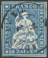 SCHWEIZ BUNDESPOST 14IIBym O, 1859, 10 Rp. Lebhaftblau, Berner Druck III, (Zst. 23G), K2 ADLISCHWEIL, Allseits Breitrand - Andere & Zonder Classificatie