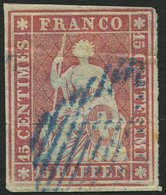 SCHWEIZ BUNDESPOST 15Ib O, 1854, 15 Rp. Hellilakarmin, 2. Münchner Druck, (Zst. 24Ad), Blaue Raute, Waagerechter Bug Son - Sonstige & Ohne Zuordnung