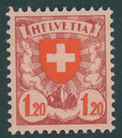 SCHWEIZ BUNDESPOST 195xI **, 1924, 1.20 Fr., Gewöhnliches Papier, Mit Abart Erstes E In Helvetia Wie F Pracht, Mi. 60.- - Otros & Sin Clasificación