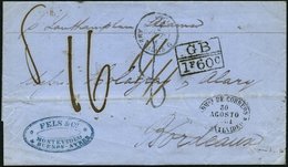 URUGUAY 1861, MONTEVIDEO, Schwarzer Ovalstempel Mit Diversen Tax-Stempeln Nach Bordeaux, Pracht - Uruguay