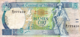 MALTA 5 LIRI ND 1989 F-VF P-42a "free Shipping Via Registered Air Mail" - Malta