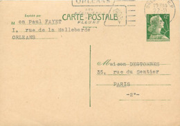 FRANCE TIMBRE ENTIERS  12 F VERT N° 1010 SUR CARTE POSTALE - VOIR FLAMME -. CONCOURS BONDEL - Cartes-lettres