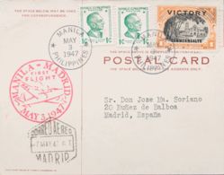 Filipinas. Sobre Yv 319G, 324(2). 1947. 1 Peso Naranja Y Negro Y 1 Ctvo Verde, Dos Sellos. Tarjeta Postal De MANILA A MA - Philippinen