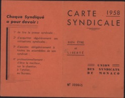 Carte Syndicale 1958 Bien être Et Liberté Union Syndicats Monaco Vignettes 1958 Syndicat Du Livre - Covers & Documents