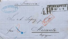 Prusia, Prefilatelia. Sobre Yv . 1861. ELBERFELD A ALICANTE. Marcas ELBERFELD, En Negro, PRUSSE, En Rojo Y Porteo "4 Rs" - Covers & Documents
