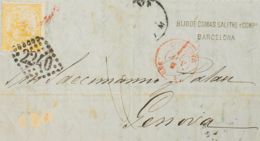 España. I República. Sobre 149. (1874ca). 50 Cts Amarillo. Frontal De BARCELONA A GENOVA (ITALIA). Matasello ROMBO DE PU - Cartas & Documentos
