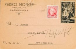España. República Española. Sobre 687, 773. 1938. 30 Cts Carmín Y 45 Cts Negro. Tarjeta Postal De "Pedro Monge" De BARCE - Covers & Documents