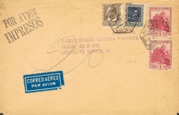 España. República Española Correo Aéreo. Sobre 674(2), 681, 738. 1937. 4 Pts Lila Carmín, Dos Sellos, 5 Cts Y 50 Cts. Co - Storia Postale