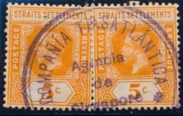 Malasia-Malacca. ºYv 141(2). 1912. 5 Cts Naranja, Dos Sellos. Matasello COMPAÑIA TRANSATLANTICA / AGENCIA  / DE / SINGAP - Malacca