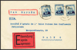 España. Correo Urgente. Sobre 670(3). 1933. 40 Cts Azul, Tres Sellos. Correo Urgente De REUS A BASILEA (SUIZA). Al Dorso - Eilbriefmarken