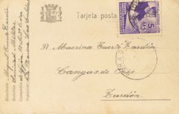 España. Asturias Y León. Sobre 2. 1937. 5 Cts Violeta. Tarjeta Postal De Campaña De LAS CALDAS A ZARDON. MAGNIFICA. - Asturies & Leon