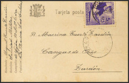 España. Asturias Y León. Sobre 2. 1937. 5 Cts Violeta. Tarjeta Postal De Campaña De LAS CALDAS A ZARDON. MAGNIFICA. - Asturien & Léon