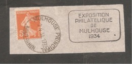 Sur  Fragment   5c Semeuse   Oblit  MULHOUSE   1934   " Exposition Philatelique" - Otros & Sin Clasificación