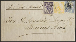 España. I República. Sobre 144, 145, 149. 1874. 5 Cts Violeta, 10 Cts Ultramar Y 50 Cts Amarillo. BARCELONA A BUENOS AIR - Lettres & Documents