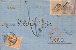 España. I República. Sobre 148, 153. 1875. 40 Cts Violeta, 10 Cts Castaño Y Tasa Italiana De 60 Cts. Frontal Dirigido A - Storia Postale