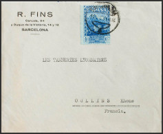 España. República Española. Sobre 644. 1931. 40 Cts Azul. BARCELONA A OULLINS (FRANCIA). MAGNIFICA Y RARA. - Storia Postale