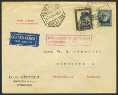 España. República Española Correo Aéreo. Sobre 770,665. 1934. 15 Cts Verde Y 1 Pts Gris. BARCELONA A NUREMBERG. Matasell - Covers & Documents