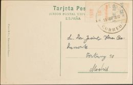 España. Río De Oro. Sobre 55MP. 1910. 10 Cts Rojo Sobre Borde De Hoja. Tarjeta Postal De RIO DE ORO A MADRID. Matasello - Rio De Oro