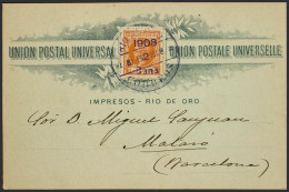 España. Río De Oro. Sobre 34. 1908. 2 Cts Sobre 2 Pts Naranja. Tarjeta Postal De La SOCIEDAD FILATELICA CATALANA De RIO - Rio De Oro