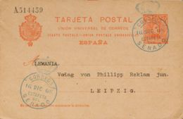 España. Franquicia. Sobre EP47. 1908. 10 Cts Naranja Sobre Tarjeta Entero Postal De MADRID A LEIPZIG. Matasello CORREOS - Postage Free