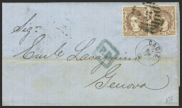 España. Gobierno Provisional. Sobre 109(2). 1871. 200 Mils Castaño, Pareja. CADIZ A GENOVA. Doble Porte. MAGNIFICA. - Storia Postale