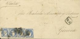 España. Gobierno Provisional. Sobre 107(4). 1871. 50 Mils Azul, Cuatro Sellos. BARCELONA A GENOVA. MAGNIFICA Y RARA COMB - Storia Postale