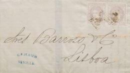 España. Gobierno Provisional. Sobre 106(2). 1872. 25 Mils Lila, Pareja. SEVILLA A LISBOA (PORTUGAL). MAGNIFICA E INUSUAL - Lettres & Documents