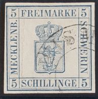 Mecklemburgo Schwerin. ºYv 3. 1856. 5 S Azul. Matasello Fechador WISMAR. MAGNIFICO Y RARO. (Mi3 400 Euros) - Mecklenbourg-Schwerin