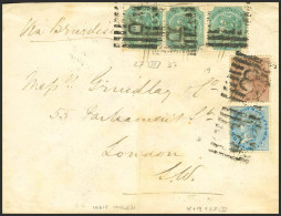 India Británica. Sobre Yv 19, 21, 23(3). 1880. ½ A Azul, 1 A Castaño Y 4 A Verde, Tres Sellos. Dirigida A LONDRES. Matas - Gemeentepenningen