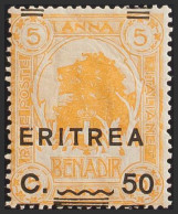 Eritrea. MNH **Yv 59. 1922. 50 Cts Sobre 5 Cts Amarillo. Variedad SOBRECARGA DESPLAZADA VERTICALMENTE. MAGNIFICO. (Sasso - Erythrée