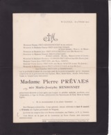 WEGNEZ Marie-Joseph RENSONNET épouse Pierre PREVAES 68 Ans 1912 VIEUTEMPS LEKENS SMETS CLOSSON - Esquela