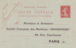 Carte Semeuse Camée 10c Rouge E1 Neuve Repiquage Burroughs - Cartes Postales Repiquages (avant 1995)