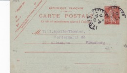 Carte Semeuse Camée 10c Rouge E1 Oblitérée  Pour 'Allemagne Repiquage Aviation Semaine De Reims - Cartes Postales Repiquages (avant 1995)