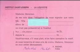 Ancienne Carte D'absence De L'Institut Saint-Joseph (La Louvière) Octobre 1986 - Sin Clasificación