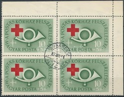 O 1957 Postáskórház 10 Ft ívsarki Négyestömb ,,folt A + Jelnél' Lemezhibával - Altri & Non Classificati