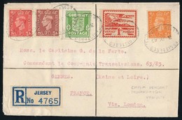 1945 Jersey és Guernsey Meghosszabbított érvényességű Bélyegek Angol értékekkel Kombinálva Ajánlott Levélen Franciaorszá - Sonstige & Ohne Zuordnung