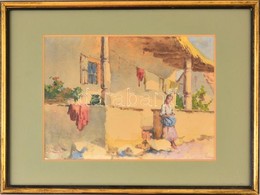 Neogrády Antal (1861-1942): Lány A Ház Előtt. Akvarell, Papír, Jelzett, üvegezett Keretben, 20×27 Cm - Otros & Sin Clasificación