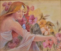 Szánthó Jelzéssel: Nő Pillangóval. Akvarell, Papír, üvegezett Hibás Keretben, 23×30 Cm - Sonstige & Ohne Zuordnung