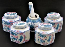 Kínai Porcelán Készlet, 4 Db Fűszertartó + Mozsár Törővel, Kézzel Festett, Jelzés Nélkül, M: 7 és 8 Cm - Other & Unclassified