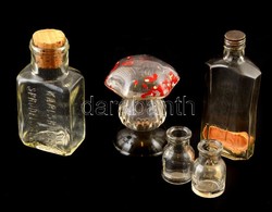 5 Db Régi üveg Palack, Közöttük Feliratosak, Gyógyszeresek, Illatszeresek. 5,5-14 Cm-ig - Glas & Kristall