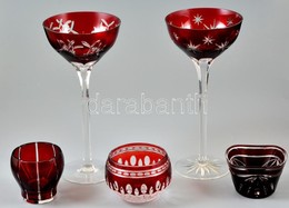 Ajka Kristály üveg Tétel: Talpas Díszpohár (2 Db), Tálkák (3 Db), Csiszolt, Jelzés Nélkül, Hibátlan, M:6-25 Cm - Glass & Crystal