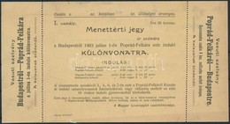 1903 Menettérti Jegy A Különvonatra Budapestről Poprádfelkára, Magyar Lovaregylet Vezértitkársága - Sin Clasificación