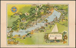 Cca 1930 Balaton Rajzos Térképe Kihajtható Levelezőlapon 28x18 Cm - Andere & Zonder Classificatie