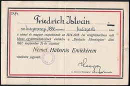 1921 Friedrich István Német Háborús Emlékérem Viselésére Jogosító Emléklap - Sonstige & Ohne Zuordnung