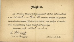 T2/T3 1899 Budapest V. Az 'Országos Magyar Iskolaegyesület' IV. Kerületi Választmánya Meghívója - Sin Clasificación