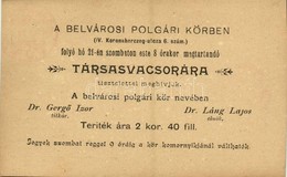 ** T2 Budapest V. A Belvárosi Polgári Kör Meghívója Társasvacsorára. Koronaherceg Utca 6. - Sin Clasificación