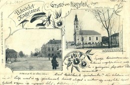 T2/T3 1901 Nagylak, Nadlac; Evangélikus Templom, Pálika Utca és Az állami Iskola. Kapható Friedrich G. és Társa üzletébe - Unclassified